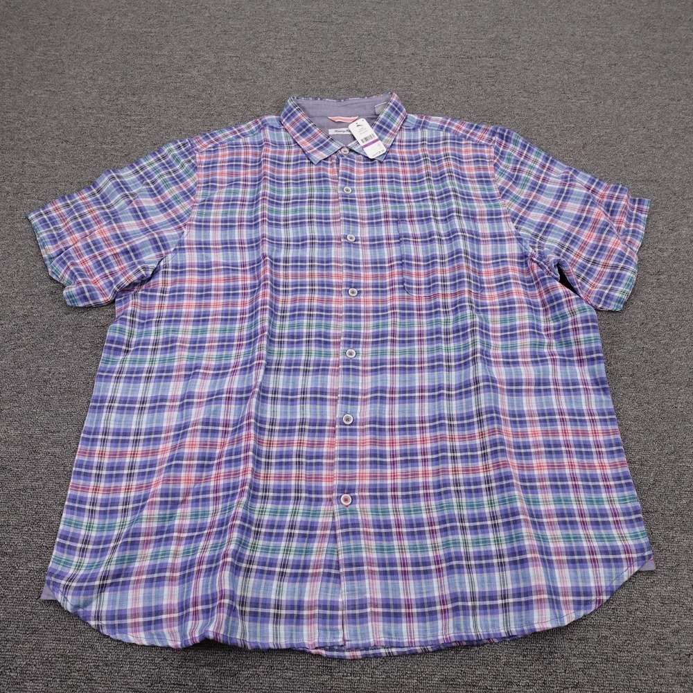 Tommy Bahama Shirt Mens 2XL Blue Plaid Linen Cotton Short Sleeve Button Up